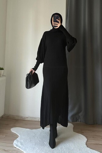 Balon kollu Kadın Triko Tesettür Elbise BRC1115 Siyah 