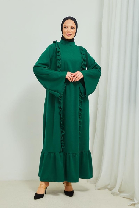 Fırfır Detaylı Tesettür Elbise Abaya BRC11M01 Zümrüt - 3