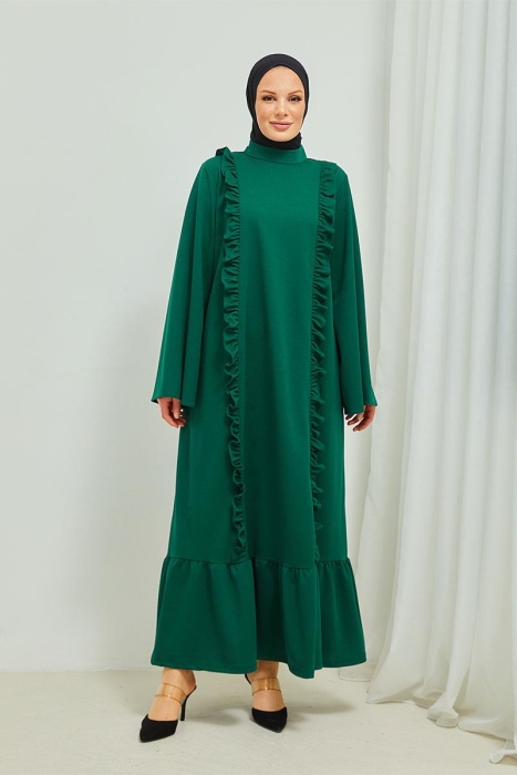 Fırfır Detaylı Tesettür Elbise Abaya BRC11M01 Zümrüt - 4