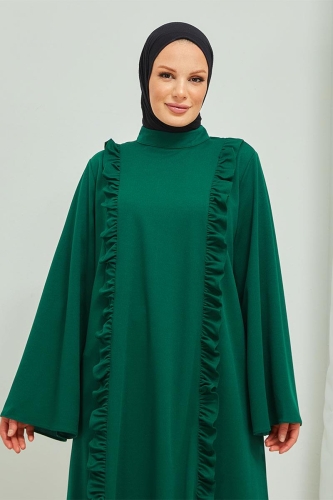 Fırfır Detaylı Tesettür Elbise Abaya BRC11M01 Zümrüt - 7