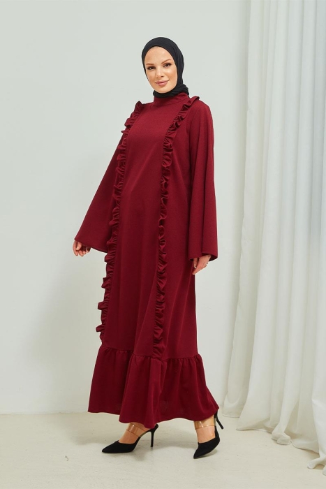 Fırfır Detaylı Tesettür Elbise Abaya BRC11M01 Bordo - 1