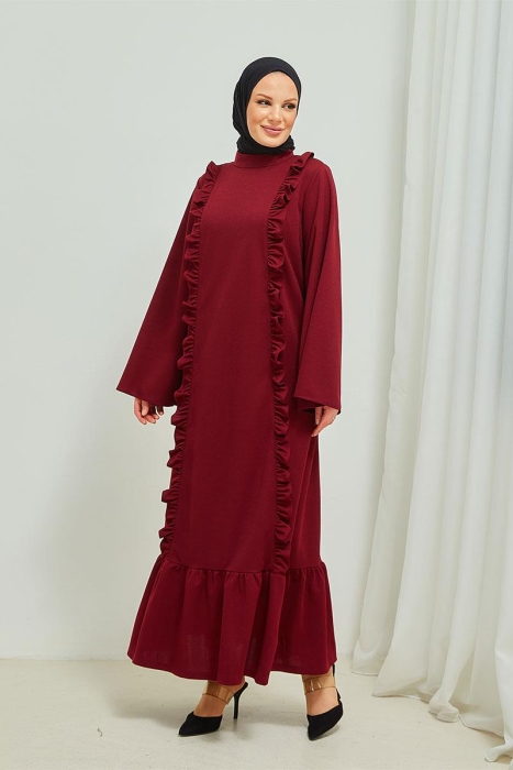 Fırfır Detaylı Tesettür Elbise Abaya BRC11M01 Bordo - 2