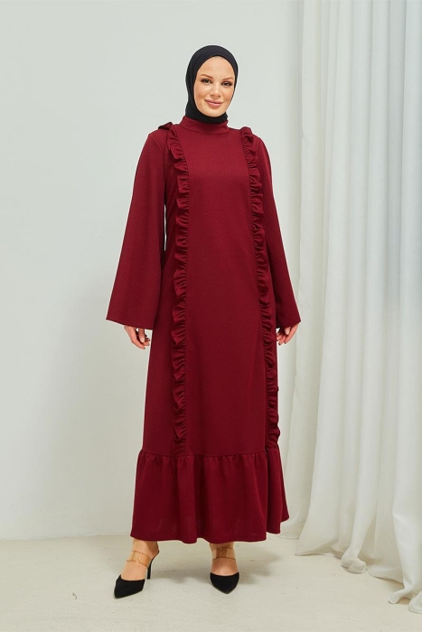 Fırfır Detaylı Tesettür Elbise Abaya BRC11M01 Bordo - 3