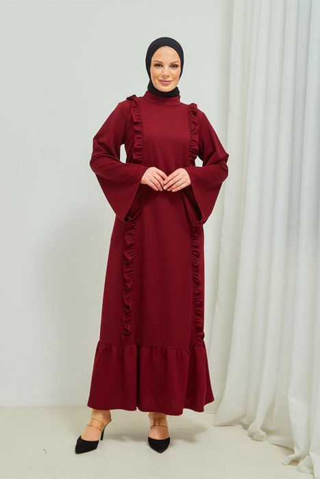 Fırfır Detaylı Tesettür Elbise Abaya BRC11M01 Bordo - 4