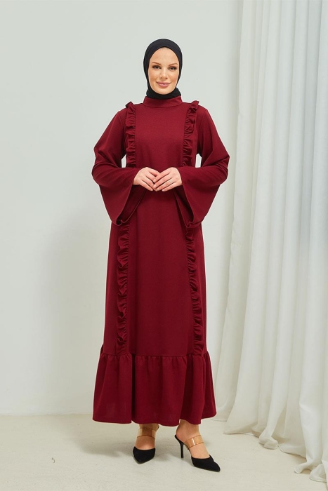 Fırfır Detaylı Tesettür Elbise Abaya BRC11M01 Bordo - 5