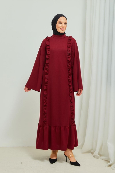 Fırfır Detaylı Tesettür Elbise Abaya BRC11M01 Bordo - 6