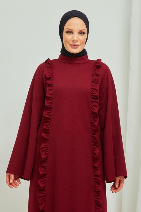 Fırfır Detaylı Tesettür Elbise Abaya BRC11M01 Bordo - 7