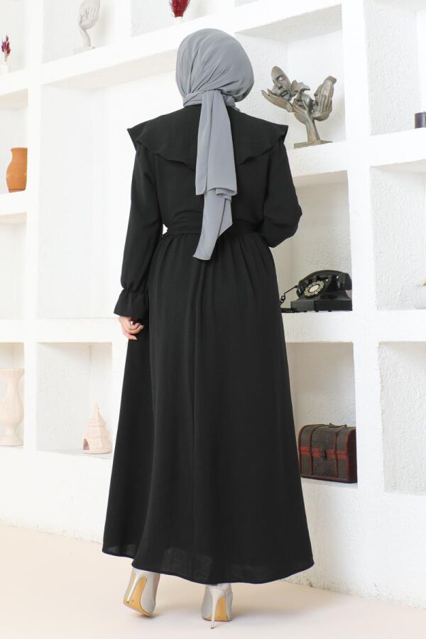 Pelerin Yaka Detaylı Kuşaklı Tesettür Elbise BRC1125 Siyah - 6