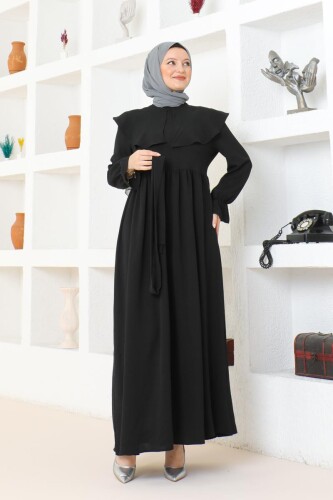 Pelerin Yaka Detaylı Kuşaklı Tesettür Elbise BRC1125 Siyah - 2