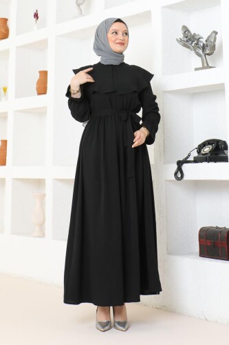 Pelerin Yaka Detaylı Kuşaklı Tesettür Elbise BRC1125 Siyah - 1
