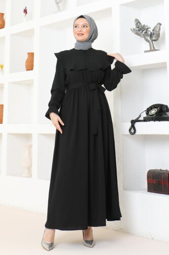 Pelerin Yaka Detaylı Kuşaklı Tesettür Elbise BRC1125 Siyah - 4